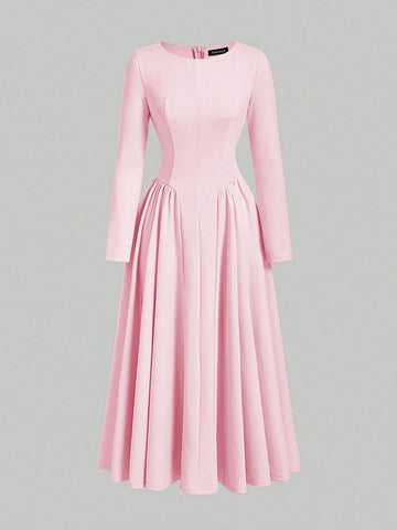 Minimalist Fashion Casual Retro Pleated Maxi Long Sleeve Solid Color Winter Dress