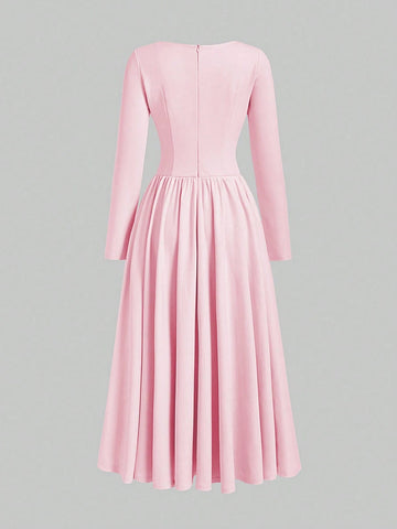 Minimalist Fashion Casual Retro Pleated Maxi Long Sleeve Solid Color Winter Dress