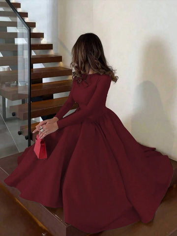Minimalist Fashion Casual Retro Pleated Maxi Long Sleeve Solid Color Winter Dress