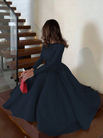 Minimalist Fashion Casual Retro Pleated Maxi Long Sleeve Solid Color Winter Dress