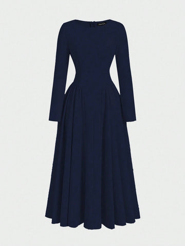 Minimalist Fashion Casual Retro Pleated Maxi Long Sleeve Solid Color Winter Dress