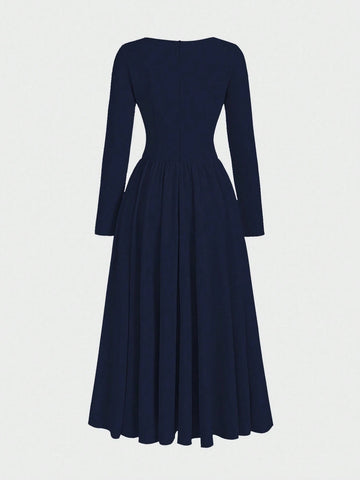 Minimalist Fashion Casual Retro Pleated Maxi Long Sleeve Solid Color Winter Dress