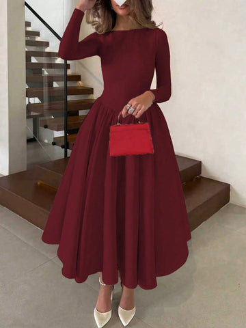 Minimalist Fashion Casual Retro Pleated Maxi Long Sleeve Solid Color Winter Dress
