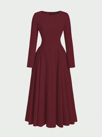 Minimalist Fashion Casual Retro Pleated Maxi Long Sleeve Solid Color Winter Dress