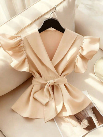 Elegant V-Neck Solid Color Ruffle Sleeve Tie Waist Shirt With Sash
