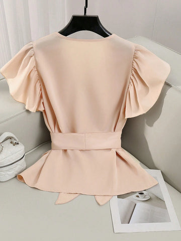 Elegant V-Neck Solid Color Ruffle Sleeve Tie Waist Shirt With Sash
