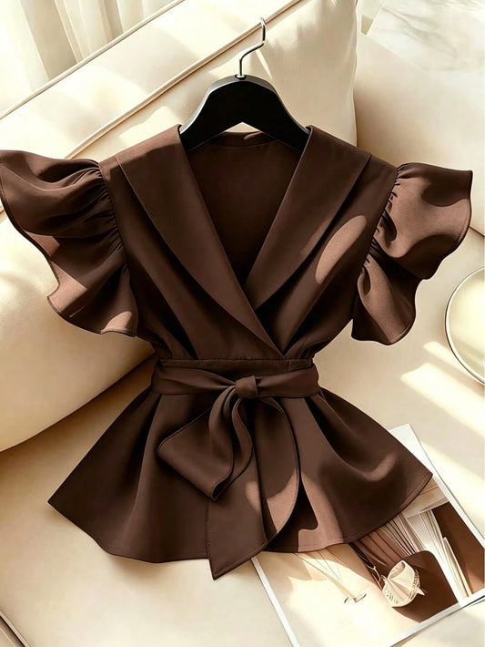 Elegant V-Neck Solid Color Ruffle Sleeve Tie Waist Shirt With Sash