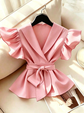 Elegant V-Neck Solid Color Ruffle Sleeve Tie Waist Shirt With Sash