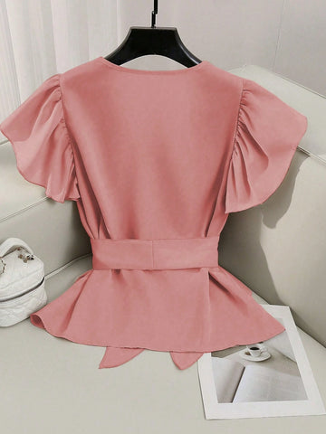 Elegant V-Neck Solid Color Ruffle Sleeve Tie Waist Shirt With Sash