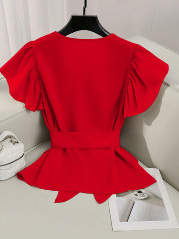 Elegant V-Neck Solid Color Ruffle Sleeve Tie Waist Shirt With Sash