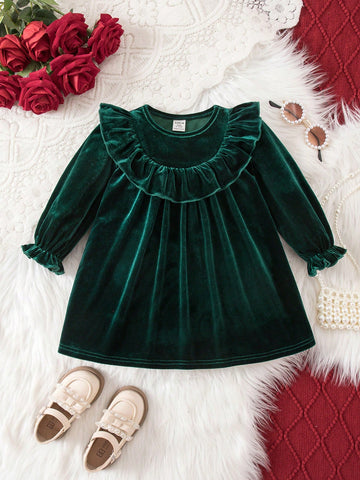 Baby Girl Solid Color Knitted Soft Round Neck Ruffle Hem Cinched Waist Long Sleeve Dress