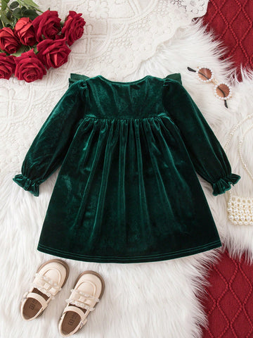 Baby Girl Solid Color Knitted Soft Round Neck Ruffle Hem Cinched Waist Long Sleeve Dress