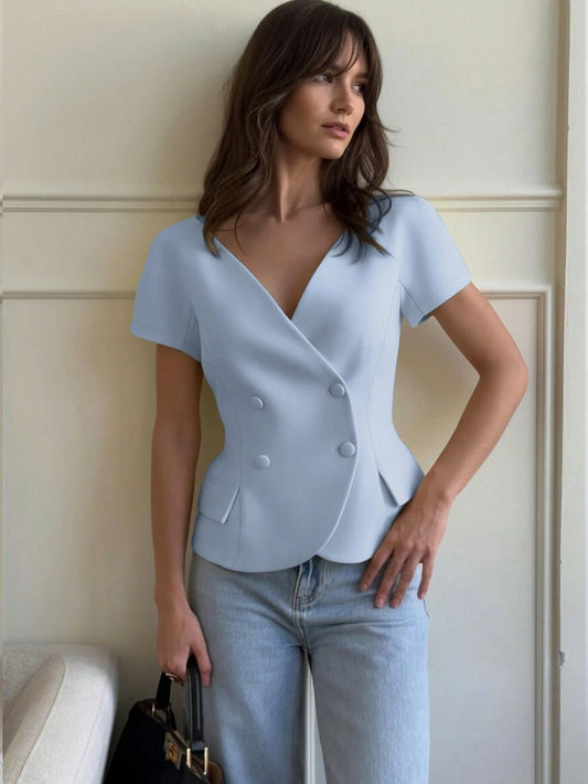 V-Neck Short Sleeve Double-Breasted Front Closure Blouse