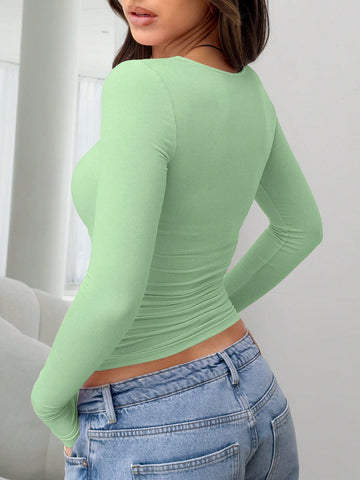 Women's Solid Color Round Neck Long Sleeve Ruched Fitted T-Shirt