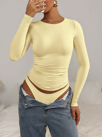 Women's Solid Color Round Neck Long Sleeve Ruched Fitted T-Shirt
