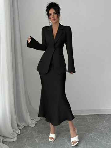 Elenzga 1 Set Solid Color Single Button Long Sleeve Blazer And A-Line Skirt