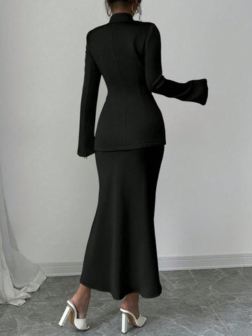 Elenzga 1 Set Solid Color Single Button Long Sleeve Blazer And A-Line Skirt