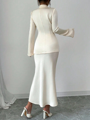 Elenzga 1 Set Solid Color Single Button Long Sleeve Blazer And A-Line Skirt