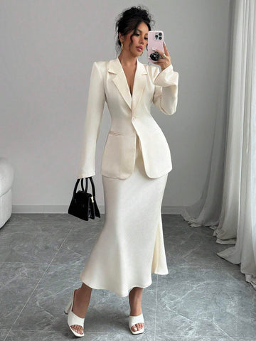 Elenzga 1 Set Solid Color Single Button Long Sleeve Blazer And A-Line Skirt