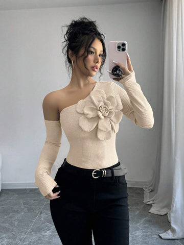 Women's Elegant 3D Flower Decorate Oblique Shoulder Long Sleeve T-Shirt