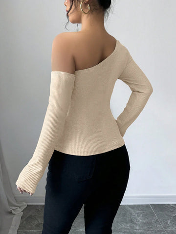 Women's Elegant 3D Flower Decorate Oblique Shoulder Long Sleeve T-Shirt
