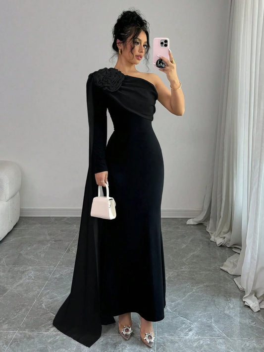 Elenzga Women Dress With Asymmetrical Open Shoulder & 3D Floral Design Maxi Women Outfit