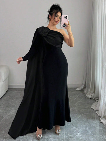 Elenzga Women Dress With Asymmetrical Open Shoulder & 3D Floral Design Maxi Women Outfit