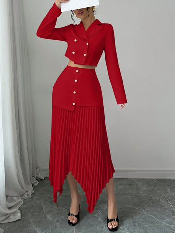 2pcs/Set Women Blazer Collar Gathered Waistline Button-Up Pleated Asymmetrical Elegant Outfit