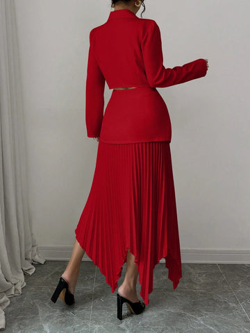 2pcs/Set Women Blazer Collar Gathered Waistline Button-Up Pleated Asymmetrical Elegant Outfit
