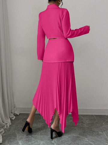 2pcs/Set Women Blazer Collar Gathered Waistline Button-Up Pleated Asymmetrical Elegant Outfit