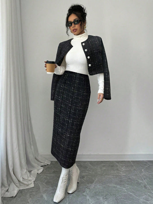2pcs Plaid Crop Jacket And Skirt