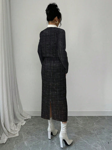 2pcs Plaid Crop Jacket And Skirt