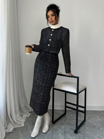 2pcs Plaid Crop Jacket And Skirt