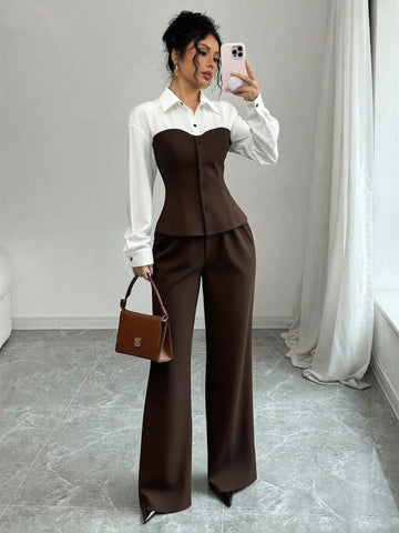 Slim Fit Color-Blocking Blouse And Pants