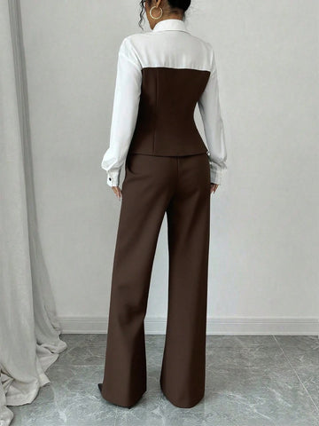 Slim Fit Color-Blocking Blouse And Pants