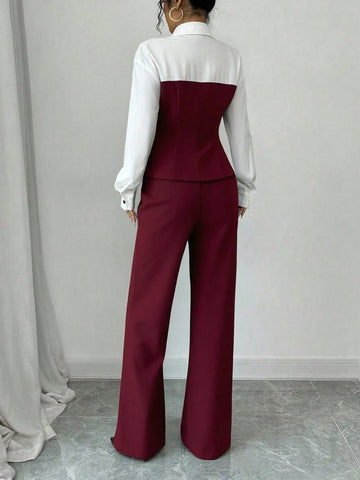 Slim Fit Color-Blocking Blouse And Pants