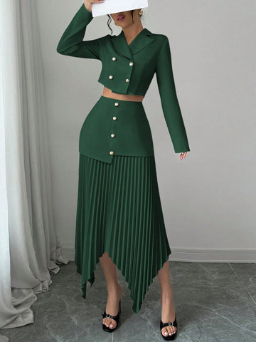 2pcs/Set Women Blazer Collar Gathered Waistline Button-Up Pleated Asymmetrical Elegant Outfit