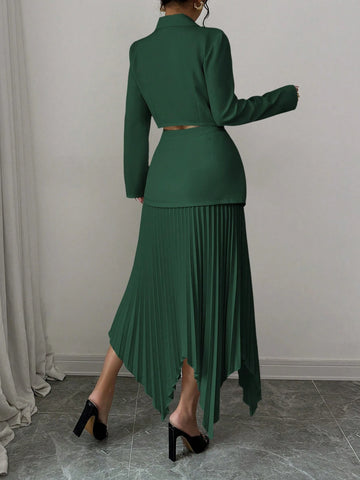 2pcs/Set Women Blazer Collar Gathered Waistline Button-Up Pleated Asymmetrical Elegant Outfit