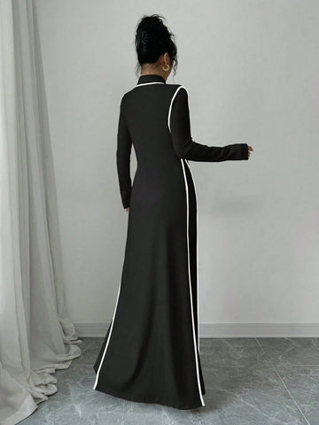 Women Knitted Ribbed High Neck Dress With Contrast Trim Fall