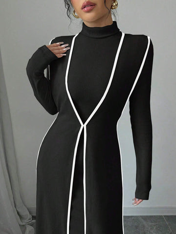 Women Knitted Ribbed High Neck Dress With Contrast Trim Fall