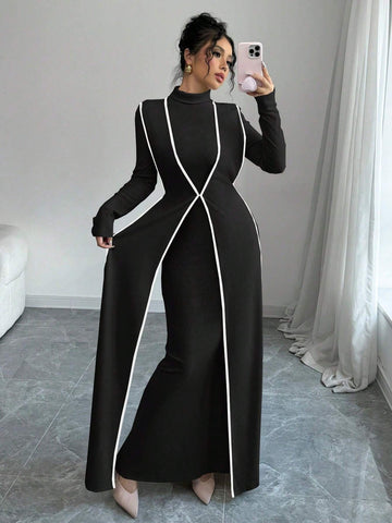 Women Knitted Ribbed High Neck Dress With Contrast Trim Fall