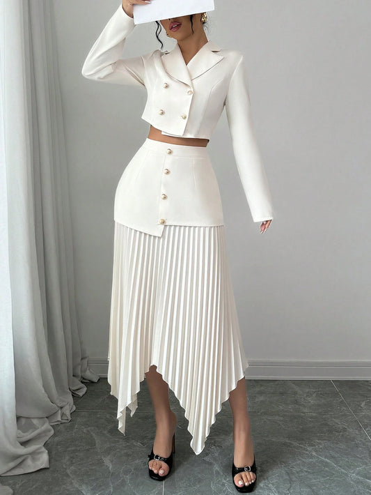 2pcs/Set Women Blazer Collar Gathered Waistline Button-Up Pleated Asymmetrical Elegant Outfit