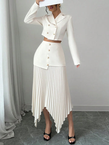 2pcs/Set Women Blazer Collar Gathered Waistline Button-Up Pleated Asymmetrical Elegant Outfit