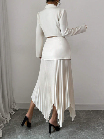 2pcs/Set Women Blazer Collar Gathered Waistline Button-Up Pleated Asymmetrical Elegant Outfit