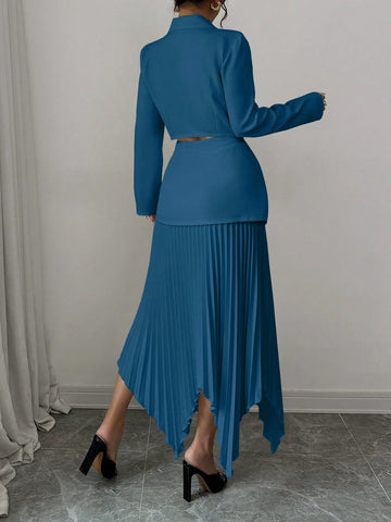 2pcs/Set Women Blazer Collar Gathered Waistline Button-Up Pleated Asymmetrical Elegant Outfit