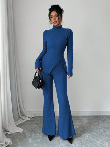 Women's Solid Stand Collar Long Sleeve Top And Fitted Pants Set