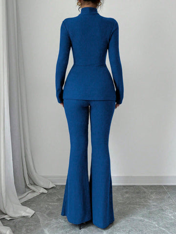 Women's Solid Stand Collar Long Sleeve Top And Fitted Pants Set