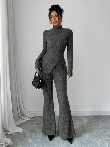 Women's Solid Stand Collar Long Sleeve Top And Fitted Pants Set