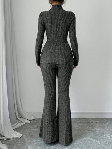 Women's Solid Stand Collar Long Sleeve Top And Fitted Pants Set