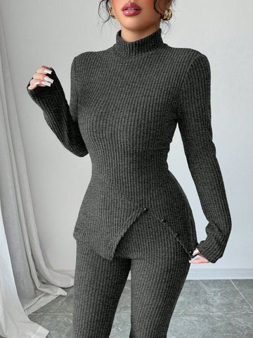 Women's Solid Stand Collar Long Sleeve Top And Fitted Pants Set